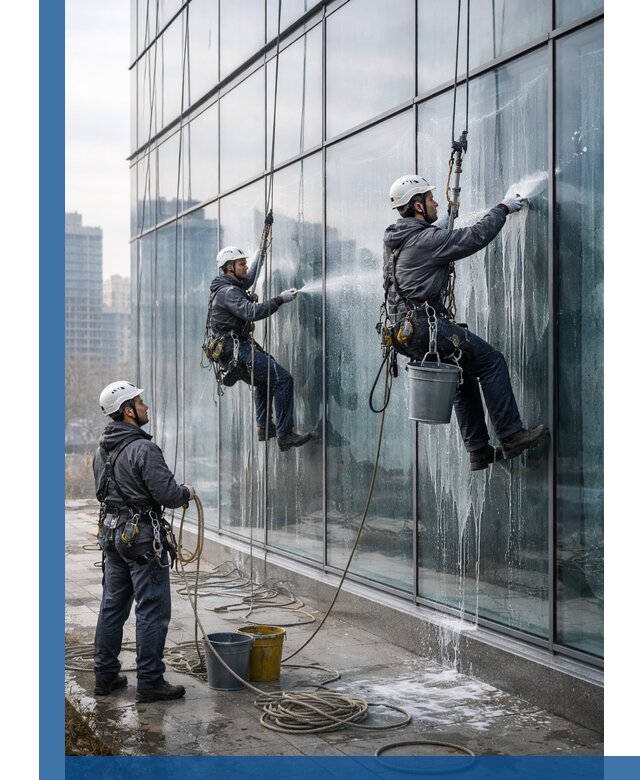 Промышленная мойка панорамных окон на высоте в Тихорецке