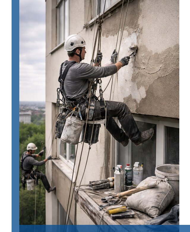 Косметический ремонт фасада зданий в Тихорецке промышленными альпинистами