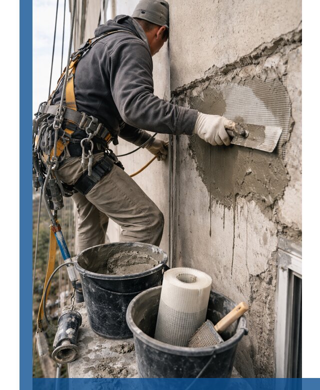 Ремонт бетонных элементов фасада промышленными альпинистами в Тихорецке