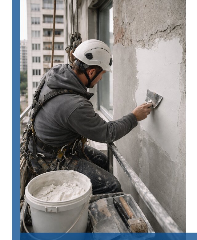 Шпаклевка фасадов на высоте с промальпинистами в Тихорецке