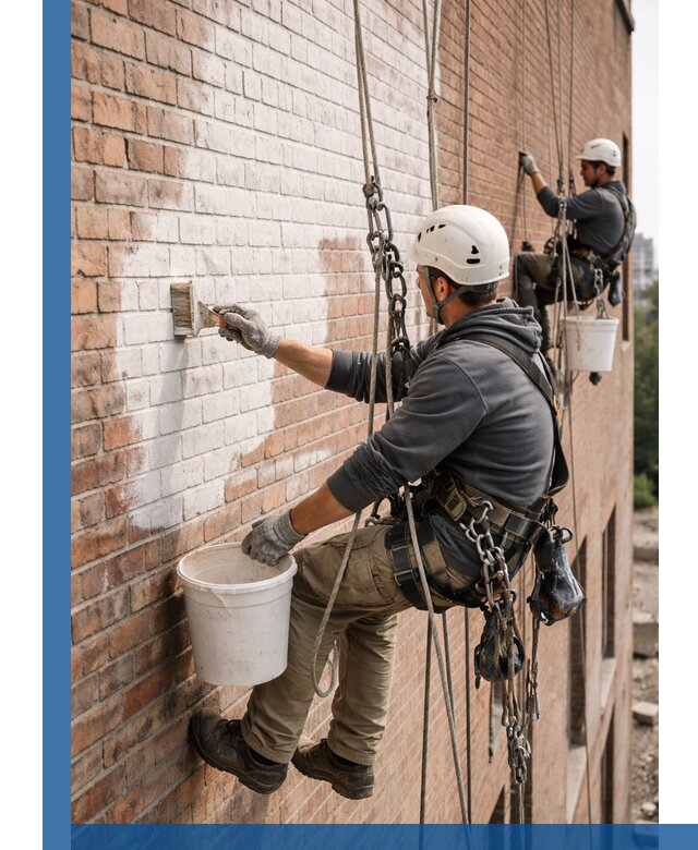 Покраска кирпичного фасада с доступным альпинистским сервисом в Тихорецке