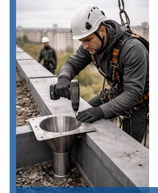 Монтаж водосточных воронок в Тихорецке для промышленных зданий