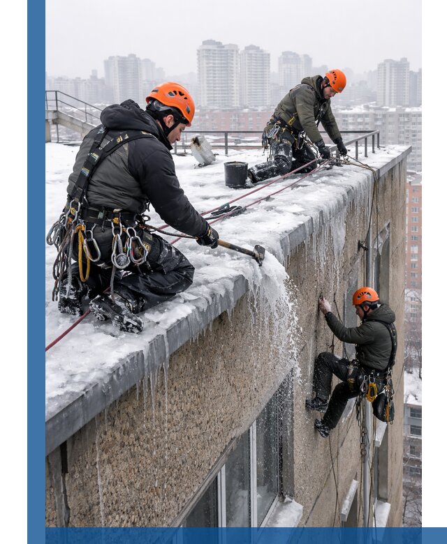 Удаление наледи с кровли в Тихорецке промышленными альпинистами