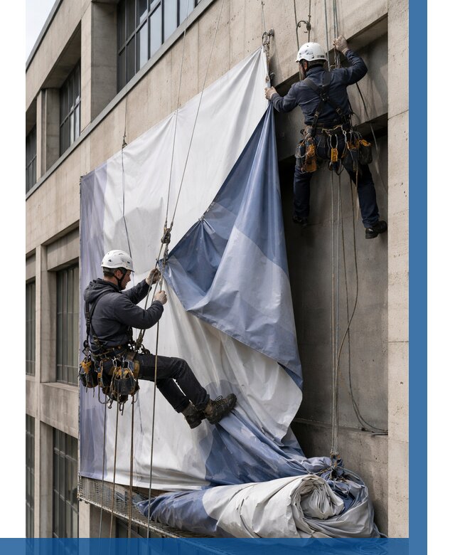 Демонтаж баннеров с фасада в Тихорецке от 4638 р. | ВЫСОТНИК-Тхр