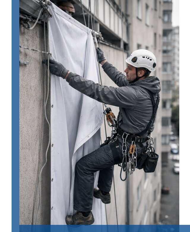 Замена баннерного полотна промышленными альпинистами в Тихорецке
