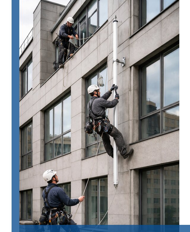 Монтаж флагштока на фасаде здания с креплением и герметикой в Тихорецке