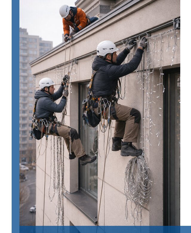 Монтаж праздничных гирлянд на фасаде в Тихорецке для зданий