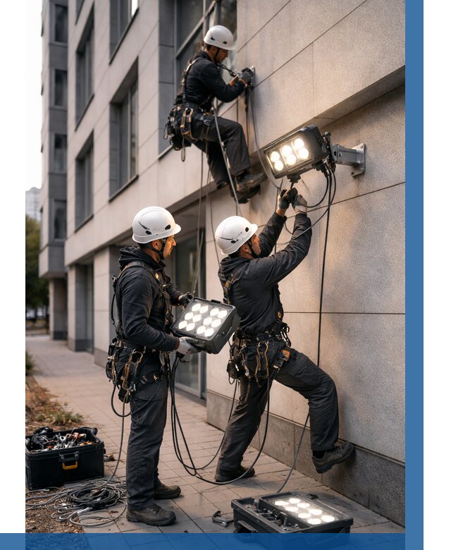 Монтаж прожекторов на фасаде в Тихорецке от 7730 р. | ВЫСОТНИК-Тхр