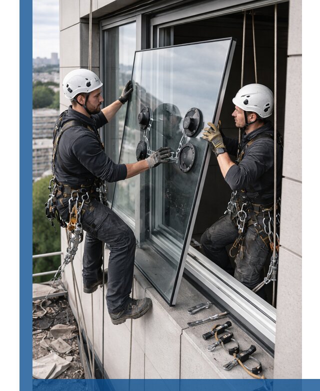 Замена стеклопакетов на высоте с промышленными альпинистами в Тихорецке