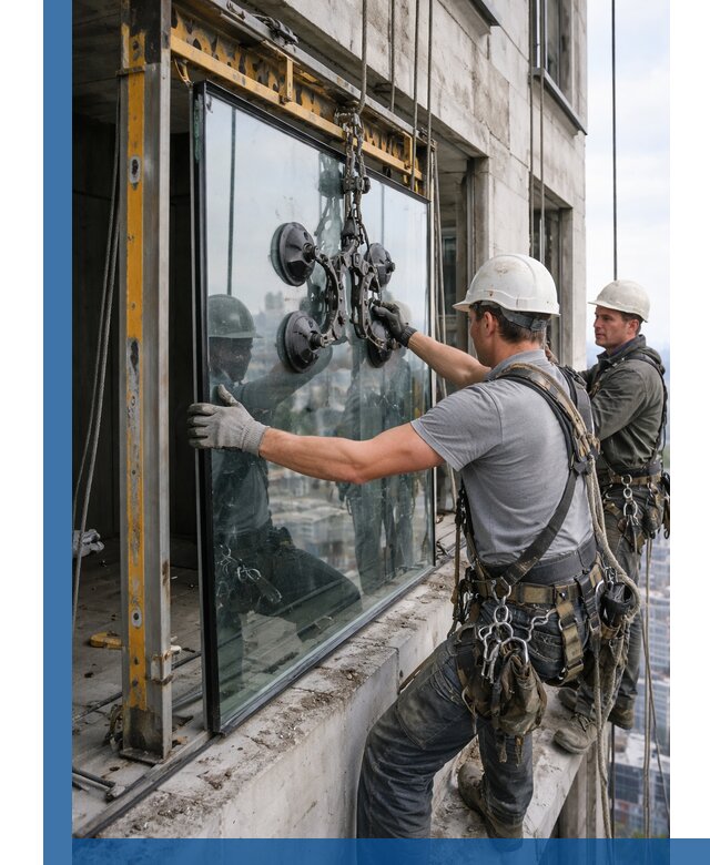 Монтаж стеклопакетов на высоте в Тихорецке с промышленным альпинизмом