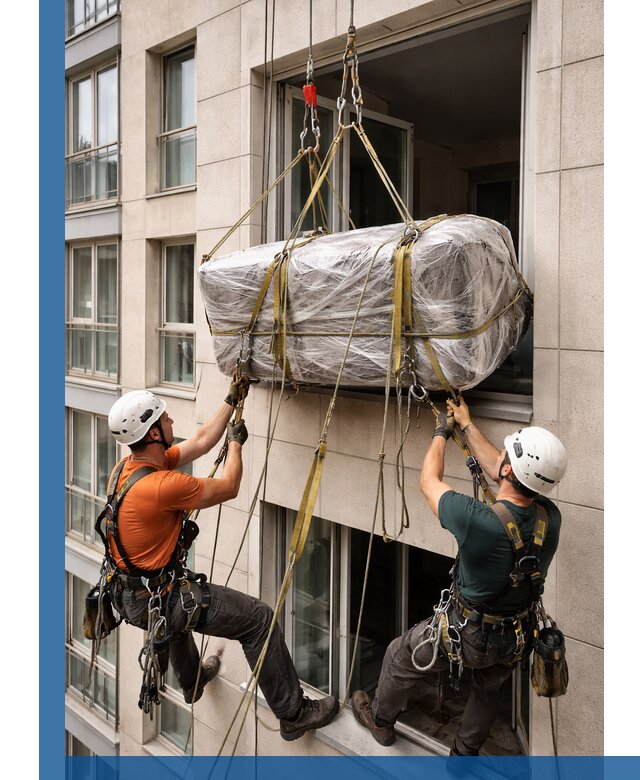 Подъем грузов через окно в Тихорецке промышленными альпинистами