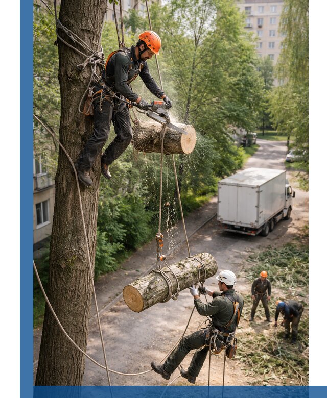 Спил деревьев альпинистами в Тихорецке, безопасно и без повреждений