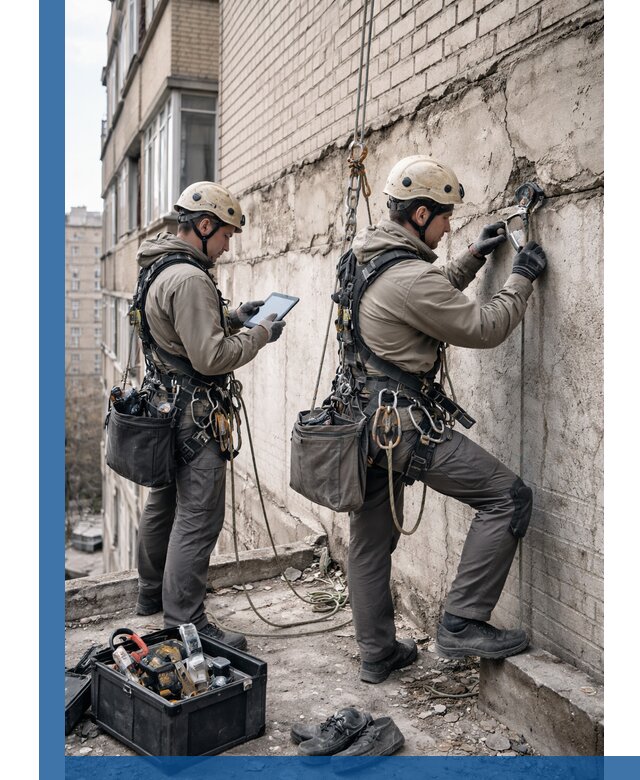 Обследование фасада промышленными альпинистами в Тихорецке